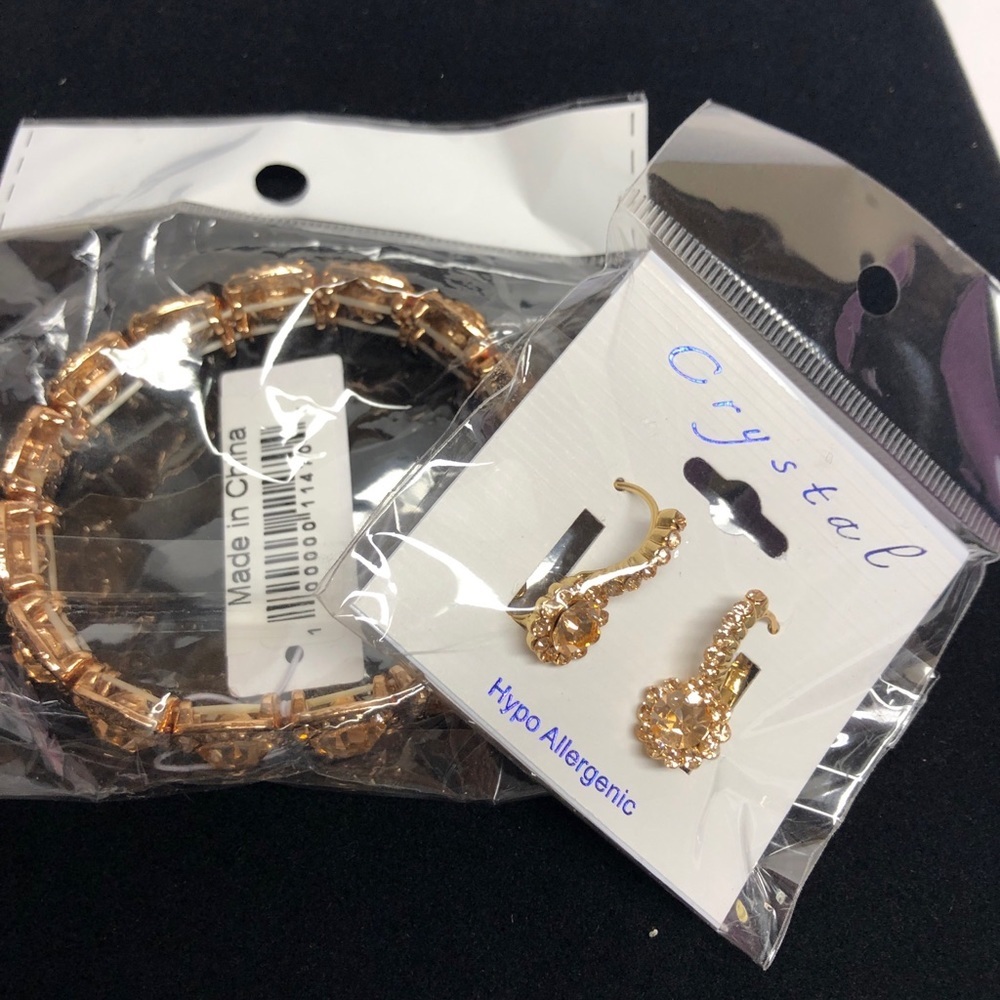 Earrings & Bracelet Set Rose Gold Tone Rhinestone Jewelry Gift Hypo‎ allergenic